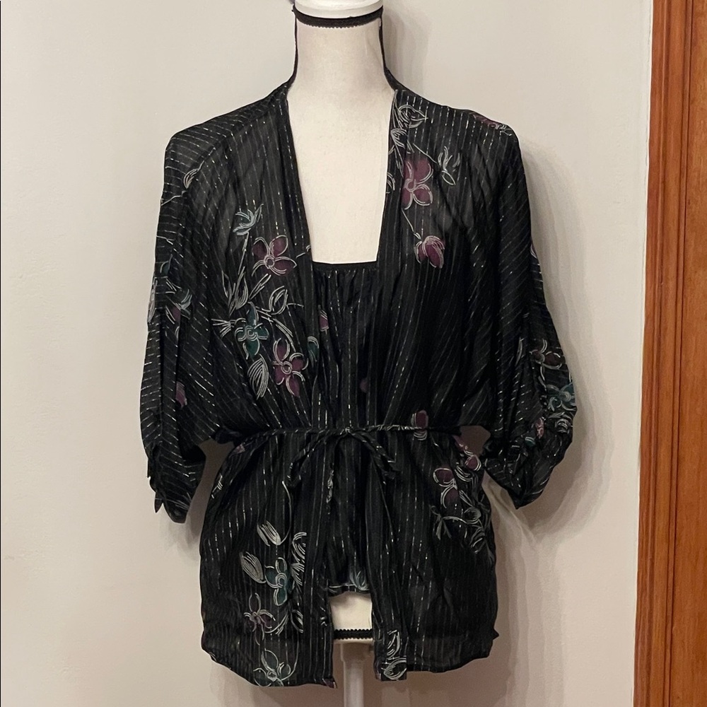Vintage Koret Black Floral Women's Pajama Camisole & Wrap Top